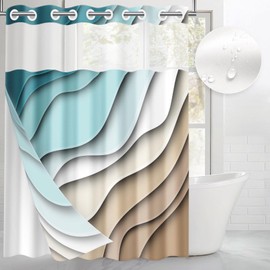 Britown No Hook Plant Underwater Teal Blue Shower Curtain with Snap-in Liner, Sea Turtle Summer Double Layers Waterproof Fabric with See Through Top Window Open Grommet Bath Curtain 71x74 Inch