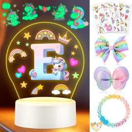 Unicorn Birthday Gifts for 3 4 5 6 7 8 Years Old Girls, Christmas Gifts for Girls Unicorn Accessories Decorations Unicorn Night Light Party Favors for Girls Initial E