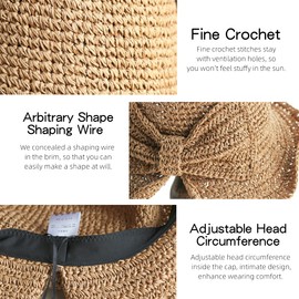 Women Straw Hat with Bow-Knot Summer Wide Brim Foldable Packable Sunhat for Girls Ladies Floppy Beach Straw Hat Safari Hat UV Protection Bucket Cap Visor Hat for Vacation Holiday Outdoor Beach Hiking