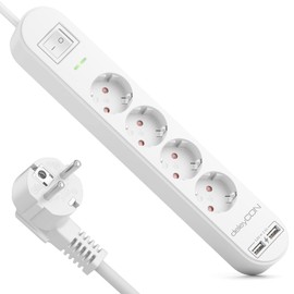 deleyCON deleyCON 5m 4 Fach Steckdosenleiste mit USB Stromleiste 4X Schutzkontaktbuchsen 2X USB-A Ladebuchse f1r z.B. Handy & Tablet 1berspannungsschutz EIN/AUS Schalter Wei?
