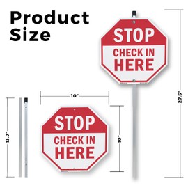Stop Check in Here 10 inch X 10 inch Octagon Rust Free Aluminum Metal Signs with Aluminum Mounting Stake Weather Resistant UV Protected for Workplace Private Property and Construction Site