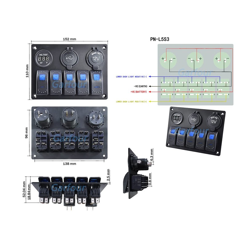 Garfour Garfour 5 Gang Marine Switch Panel - Waterproof Boat