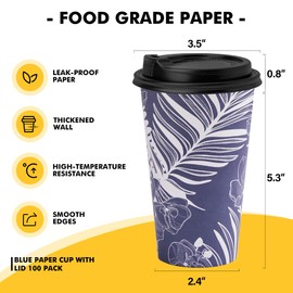 RACETOP 16 oz Disposable Coffee Cups with Lids 100 Pack, Blue Paper Coffee Cups with Lids, To Go Cup with Lid