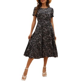 NAVINS Women Floral Print Puff Sleeve Tiered A-Line Swing Midi Dress with Pockets NA1002 (M,Black Print)