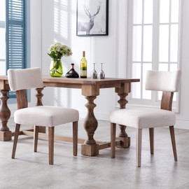 BESTANO Modern Dining Chairs Set of 2, Comfy Upholstered Side Chairs with Wood Legs, Linen Fabric Dining Chairs with Curved Wingback for Living Room Bedroom, Beige