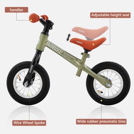 Bobike Toddler Balance Bike with Inflatable Rubber Tires, Kids Push Balance Bike Toys for 18 Month to 4 Year Old Boys Grils Adjustable Seat and Handlebar No-Pedal Training Bike Best Gifts(Green)
