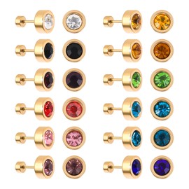 JMFENFA 12 Pairs Stainless Steel Flat Back Stud Earrings Gold Plated Surgical Steel Screw Back Round Star Heart Flower Birthstone Cubic Zirconia Stud Earrings Set (Gold round 6mm)