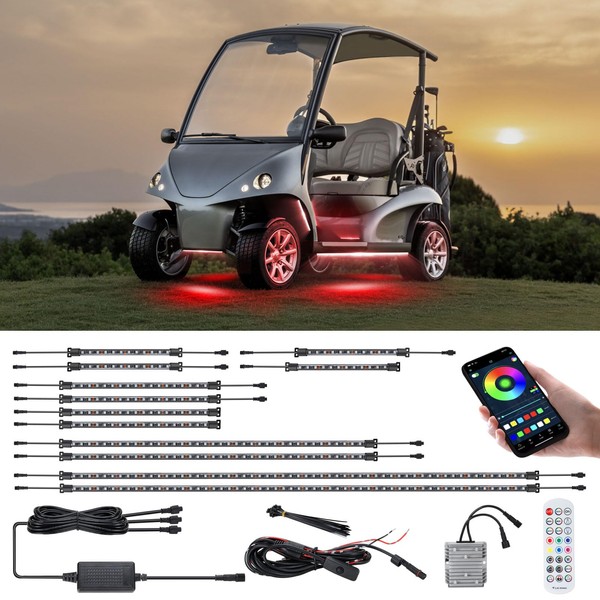 Roykaw Golf Cart Underglow LED Strip Lights Accent Neon Lighting Kit w/Wheel Well & Interior Lights for EZGO Yamaha Club Car, Million Colors/Waterproof IP68/Sync to Music, Fits 12V - 80V, 12 PCS