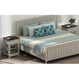 Treocho Farmhouse End Table Set of 2,Nightstand with Charging Station, X-Design Side Table with 2 AC and USB Power Outlets, Small Night Stand with Storage Drawer and Open Shelf for Living Room.