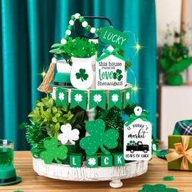 Shellwei Set of 14 St. Patrick's Day Tiered Tray Decor Set with Wooden Tiered Tray Stand Irish Festival Shamrock Green Wooden Signs Rustic Farmhouse Decorative Trays for Home Kitchen Tabletop