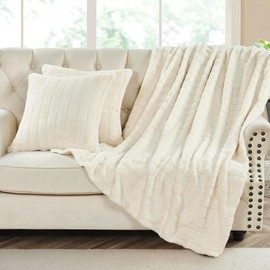 Home Soft Things Rabbit Faux Fur Throw Blanket (50" x 60") and 2 Pillow Covers (18" x 18")，3 Piece Antique White Throw Pillow Set，Decorative Throw Blankets for Couch Bed Living Room