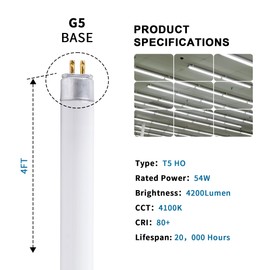 F54T5/841/HO Fluorescent Light Bulb, 46 Inch, T5 54 Watt Replacement Tube, 4100K Cool White, 4200 Lumens, High Output, G5 Bi-Pin Base, 4FT T5 Grow Light Bulbs - 5 Pack
