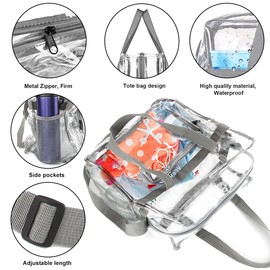 M MUNCASO Clear Tote Bag, Large Toiletry Bag Clear Crossbody Makeup Bag Waterproof Transparent PVC Bag with Adjustable Shoulder Strap and Zipper Closure Perfect for Work, Sports Games, Concert (Grey)