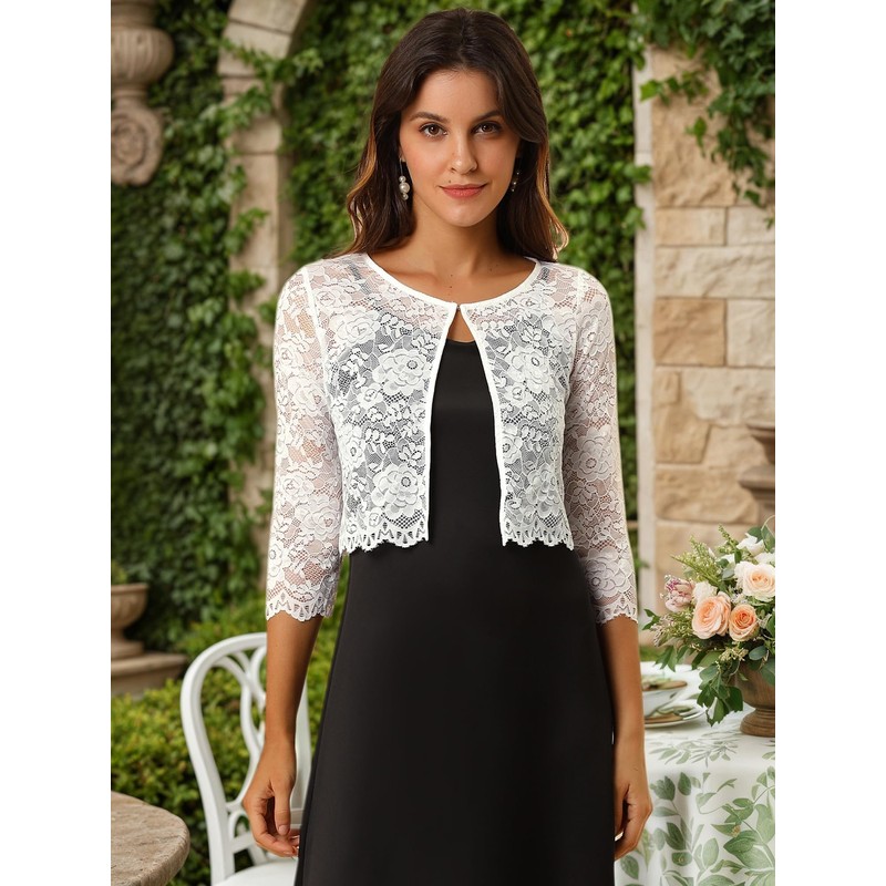 Allegra K Women's Elegant Ruffle Collar Crop Cardigan Sheer Floral