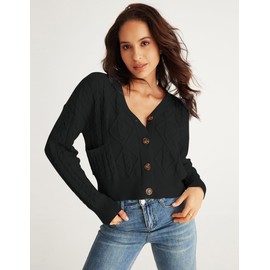 MEROKEETY Women's Long Sleeve Open Front Cable Knit Crop Cardigans V Neck Button Sweaters with Pockets, Black, L