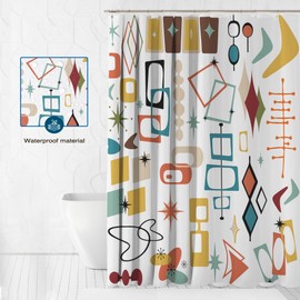 Lindarmeler Vintage Mid Century Modern Shower Curtain Abstract Geometric Bathroom Curtain Boho Retro Classic 1950s Bath Curtain Fabric Washable Waterproof Bathroom Decor 12 Hooks (White, 72x72inch)