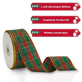 G2PLUS Red Green Tartan Ribbon - 40mm Christmas Tartan Ribbon - 25 Yards Plaid Gold Edge Ribbon - Tartan Ribbons for Crafting, Gift Wrapping, Christmas Tree, Christmas Wreath Bows