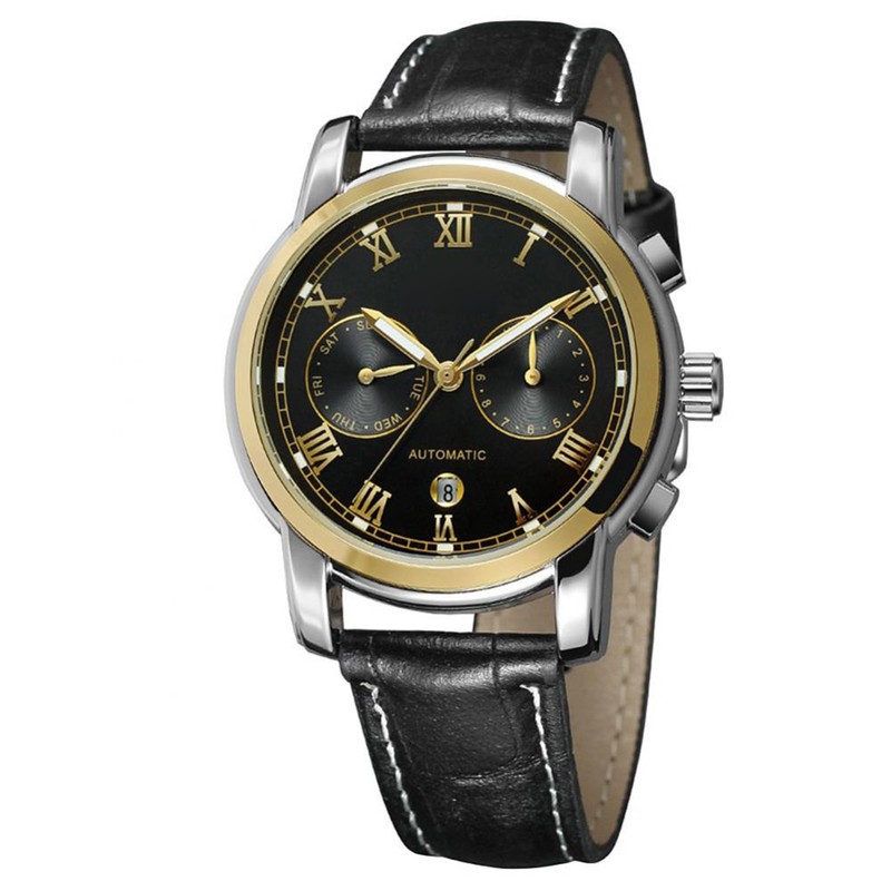 FORSINING Calendar Waterproof Automatic Mechanical Leather Strap Male Watch(Black+Gold+Black)