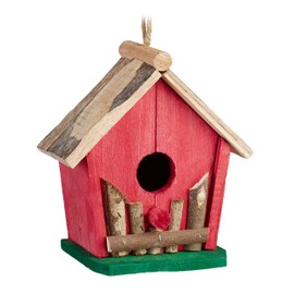 Relaxdays Mini Hanging Bird House for Balcony and Garden, Wood, Decorative Bird House, HBT 18 x 17 x 11 cm, Red/Green