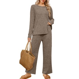 WIHOLL Two Piece Sets For Women Dressy Lounge Fall Outfits Pullover Knit Loungewear Brown XXL