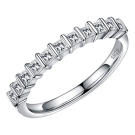 2mm Princess Cut Moissanite Wedding Band for Women, 1ct D Color VVS1 Clarity Brilliant Lab Created Diamond Half Eternity Ring Rhodium Plated S925 Sterling Silver Bar-Set Moissanite Stackable Rings, Precious Metal, Moissanite