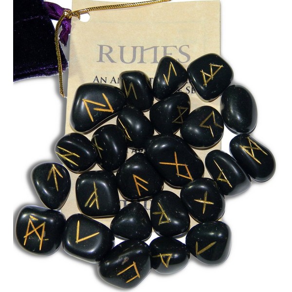 Black Agate Protection Gemstone Runes with Engraved Lettering, Instruction Leaflet
