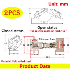 Qrity 2 PCS Cabinet Hinges, Cabinet Flap Hinges, 152°Concealed Cabinet Hinges, Swing Up Flap Hinges, Hinges for Cabinets, Campers, Caravans
