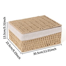 FEILANDUO Wicker Shelf Baskets Bin with Lid, Handwoven Paper Rope Baskets for Organizing, Rectangular Basket for Storage, Desktop Boxes with Lids Home Organizer Decor, Large