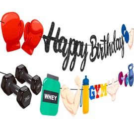 Gym Birthday Party Banner Weight Lifting Birthday Party Decorations 2Pcs Glitter Fitness Birthday Party Banners Gym Happy Birthday Banner for Gym Theme Baby Shower Supplies