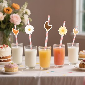 50Pcs Chicken Paper Straws Chicken Party Decorations Daisy Chickens Drinking Straws for Farm Animal Birthday Party Decor Barnyard Little Chick Baby Shower Supplies