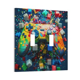 WUYOCHA Decorative Light Switch Plate Covers Colorful 6D Cube Watercolor Game Controller Printed 2 Gang Wall Plate Double Toggle Switch Cover Plate Electric Dual Device Electrical Faceplate