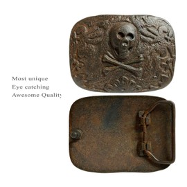 Unique Buckle Vintage Rustic Copper Skull Engraved Buckle one-piece Full Grain Leather Casual Jean Punk Belt 1-1/2"(38mm) Wide (Black, 32)