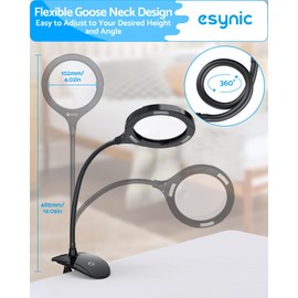 eSynic Magnifying Lamp with Light - 5X & 10X 110mm Large Lens with 15 LED Lights- USB-C Rechargeable & Flexible Gooseneck, Clamp&Base Dual Mount for Reading/Crafts/Repair [Acrylic Lens]