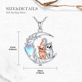 AHTAMOS Cat Necklace 925 Sterling Silver Heart Moonstone 2 Cat Friendship Necklace Crescent Leaf Pendant Moonstone Jewelry Gifts for Women Animal Lovers