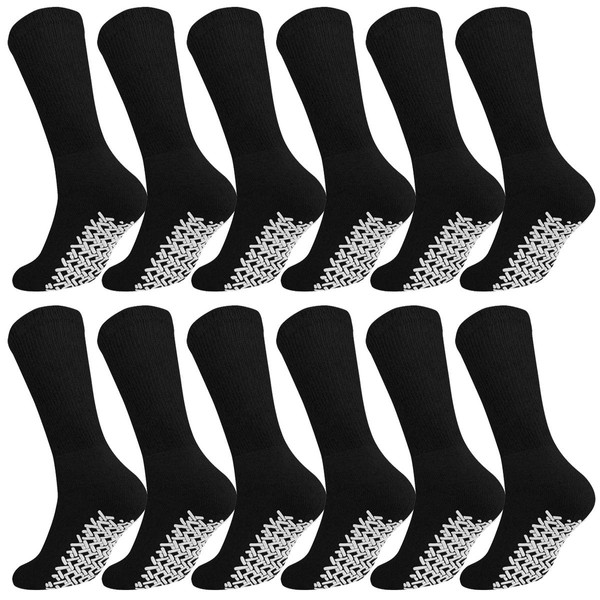 Men Women Anti Slip Grip Non Skid Crew Cotton Diabetic Socks For Home Hospital (12-pairs Black, 9-11 Women/Men Size)