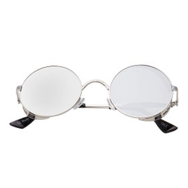 Ultra Steampunk Round Sunglasses Silver with Mirrored Lenses Retro Mens Women Cosplay Cyber Gothic Vintage UV400 Protection Goggles Blinders Unisex