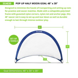 Champion Sports Extreme Pop-Up Soccer Goal with Carrying Bag, Portable Training Soccer Net with Anchoring Pegs, 1 Pair of Half Moon Mini Soccer Goals for Soccer Training - 48" x 30" x 30"