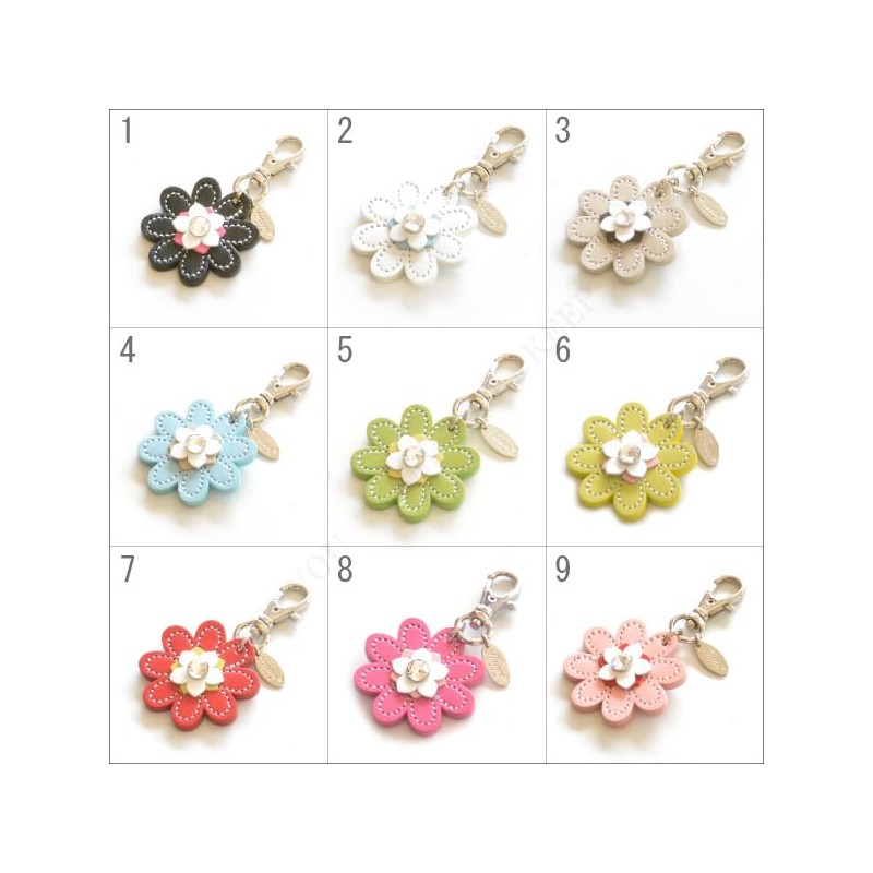 Happy HC-03 Flower Charm, Genuine Cow Leather, Rhinestone, Jewel, 9