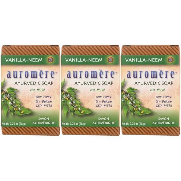 Auromere Ayurvedic Bar Soap, Vanilla Neem - Eco Friendly, Handmade, Vegan, Cruelty Free, Natural, Non GMO (2.75 oz), 3 pack