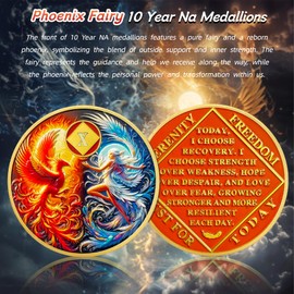 Phoenix Fairy 10 Year Na Medallions - Sun and Moon Sobriety Coin - Ten Year Recovery Addiction Token - Celebrate Clean and Sober Chip - 0-10 Prime Narcotics Anonymous Gifts for Men Women