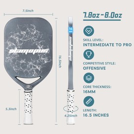 Slamopus Pro Pickleball Paddle| T700 Carbon Fiber Pickleball Paddles with 16mm Polymer Honeycomb Core & Overgrips| Premium Pickle Ball Racket Enhanced Control & Spin & Power| USAPA Approved（Gray）