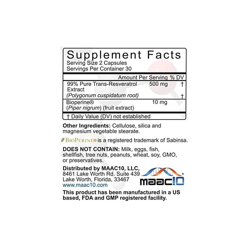 Maac10 Trans-resveratrol 500mg + Bioperine 10mg 60 Cáps Sabor Sin