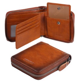 GERUOLA Men's Shielded Wallet Zipper Leather Wallet Men's Bifold RFID Card Case Wallets for Men (Brown)