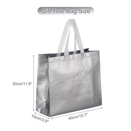 MECCANIXITY 12pcs Reusable Gift Bags, Silver Tote Glossy Grocery Shopping Bag with Handles for Birthday Parties, Wedding, Christmas - 15.7"x11.8"x3.9"