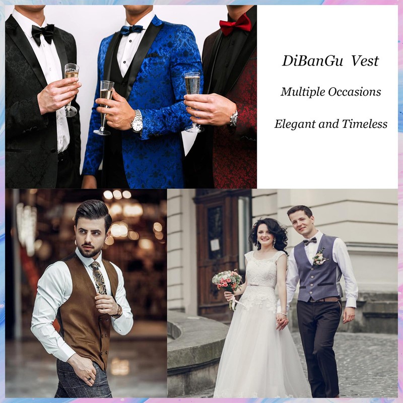 DiBanGu Paisley Men Suit Vest Silver Vest and Tie Pocket