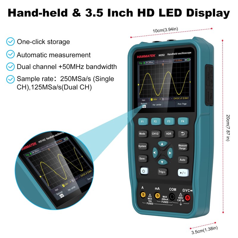 HANMATEK Handheld Digital Oscilloscope 50Mhz Bandwidth with 2 Channels HO52