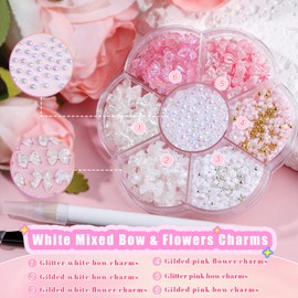 Kikonoke 420PCS Bow & Flower Nail Charms Kit with Half Pearls, 3D Acrylic Nail Gems Rhinestones, Pickup Tools for Nail Art Design, DIY Crafts, Valentine Gifts