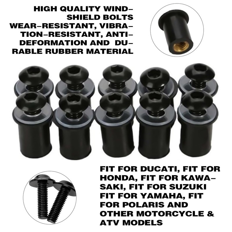 Windscreen Screws, Pack of 10 Motorcycle Windshield Mounting Screws, M5
