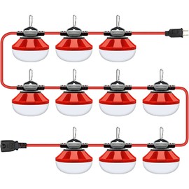 Construction Lights String Temporary Lighting,100ft Work Light Stringer with 10 Integrated Jobsite LED Lights, 10000LM Super Bright Led Work Lights Carabiner Hooks-10 Lights Red