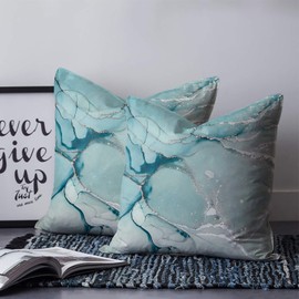 Roses Garden Decorative Throw Pillow Cover Blue Aqua Turquoise Teal Marble Textured Pillow Case Square Cushion Cover Super Soft Brushed Fabric Pillowcase for Home Couch Sofa Bed, 18" x 18"